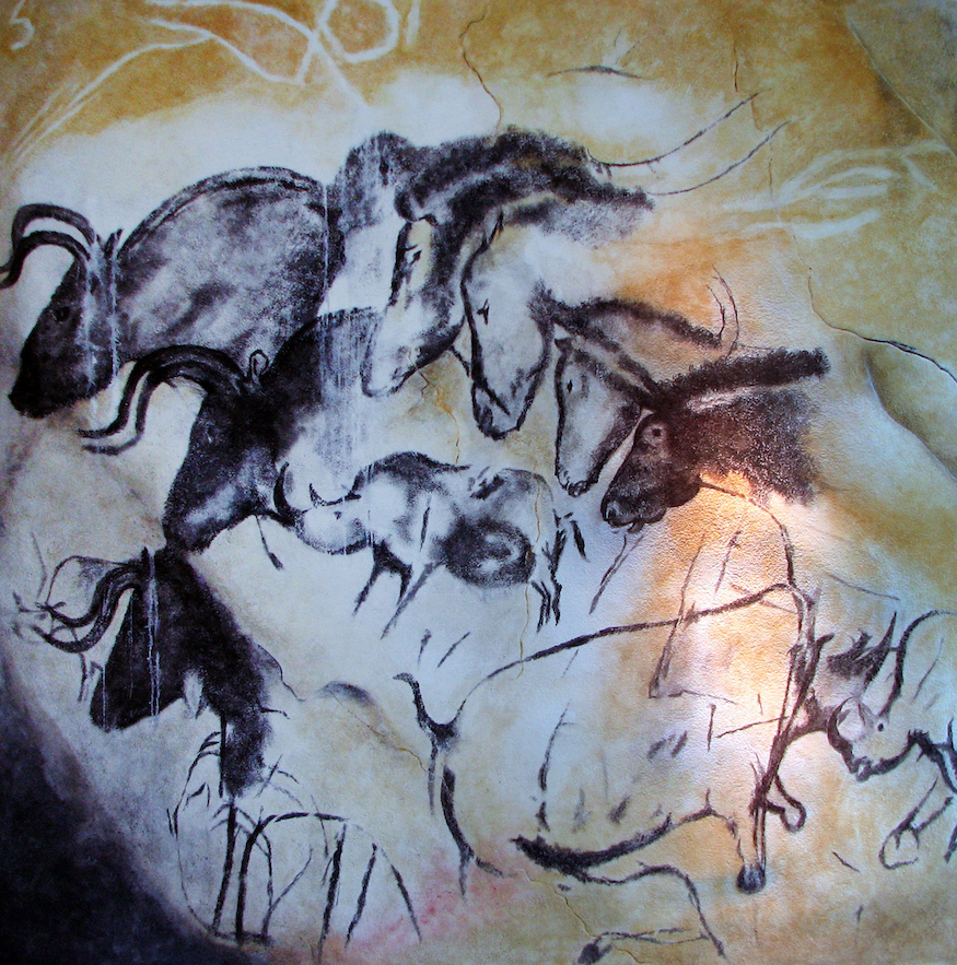 Replica of the painting from the Chauvet-Pont-d'Arc Cave in southern France depicting rhinoceros, aurochs, and horses.